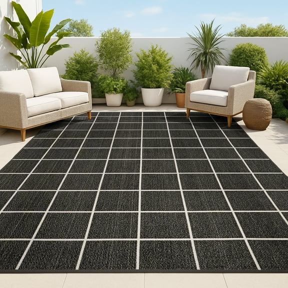 JONATHAN Y SANTA MONICA 5 x 8 Area Rug, Grid Squares - Dark Gray/Cream, SMB200B-5