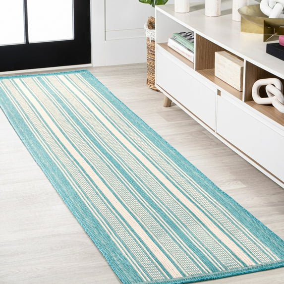 JONATHAN Y SANTA MONICA 2 x 8 Runner Rug, Haynes Double Stripe - Aqua/Beige, SMB202A-28