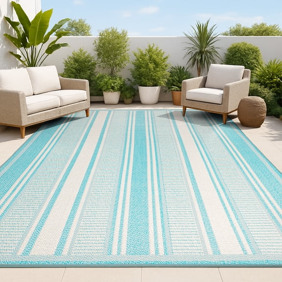 JONATHAN Y SANTA MONICA 5 x 8 Area Rug, Haynes Double Stripe - Aqua/Beige, SMB202A-5