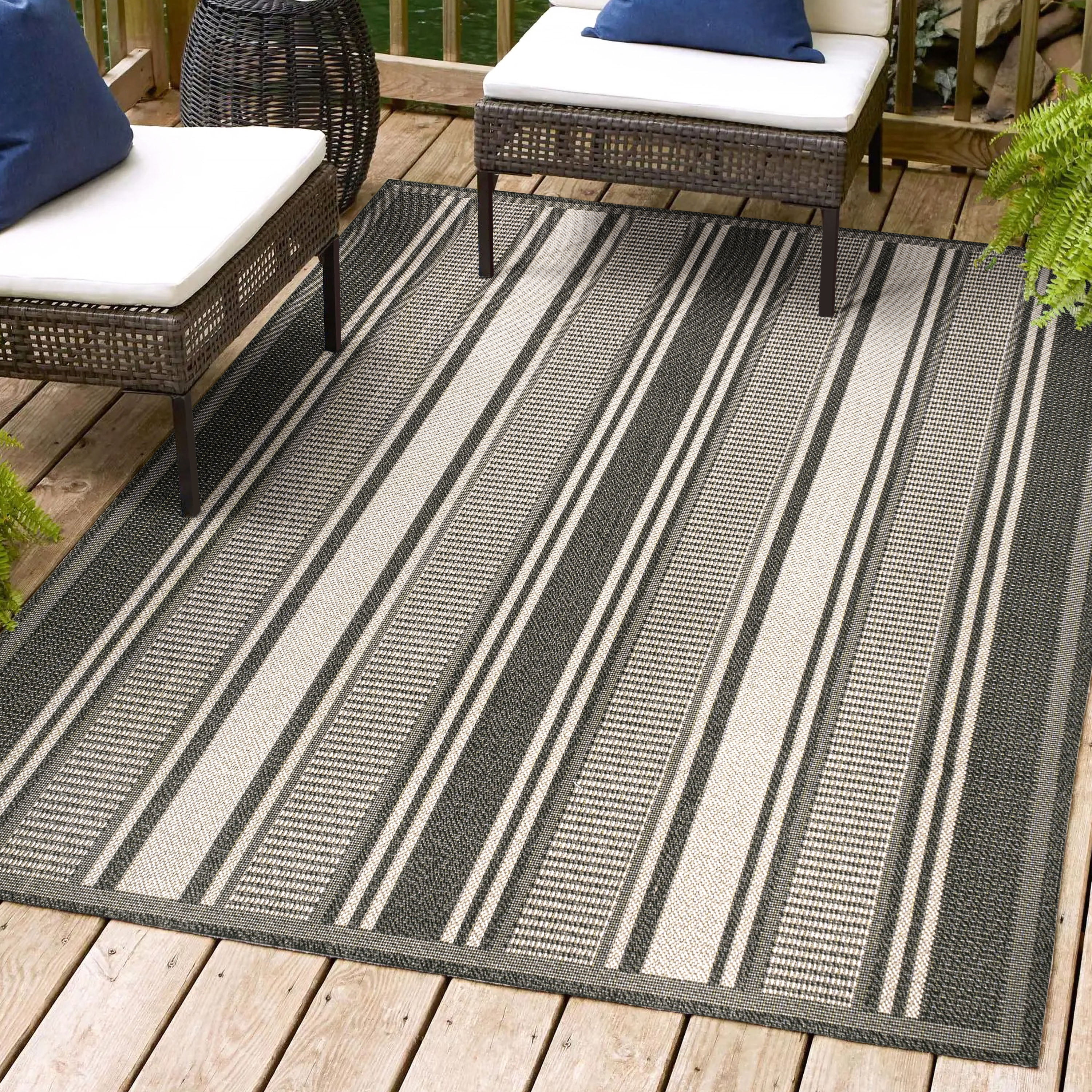 Haynes Black and Cream Striped Synthetic 3x5 Rug