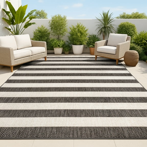 JONATHAN Y SANTA MONICA 8 x 10 Area Rug, Negril Two-Tone Wide Stripe - Black/Beige, SMB203B-8