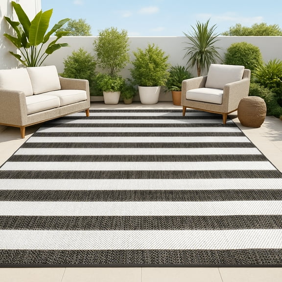 JONATHAN Y SANTA MONICA 8 x 10 Area Rug, Negril Two-Tone Wide Stripe - Black/Cream, SMB203C-8