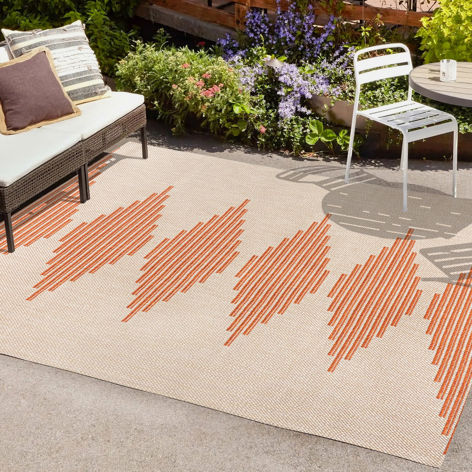 Beige and Orange Striped Synthetic Indoor/Outdoor Rug