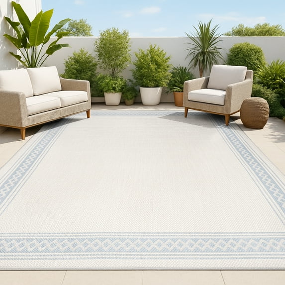 JONATHAN Y SANTA MONICA 8 x 10 Area Rug, Lucia Diamond Border - Cream/Blue, SMB207A-8