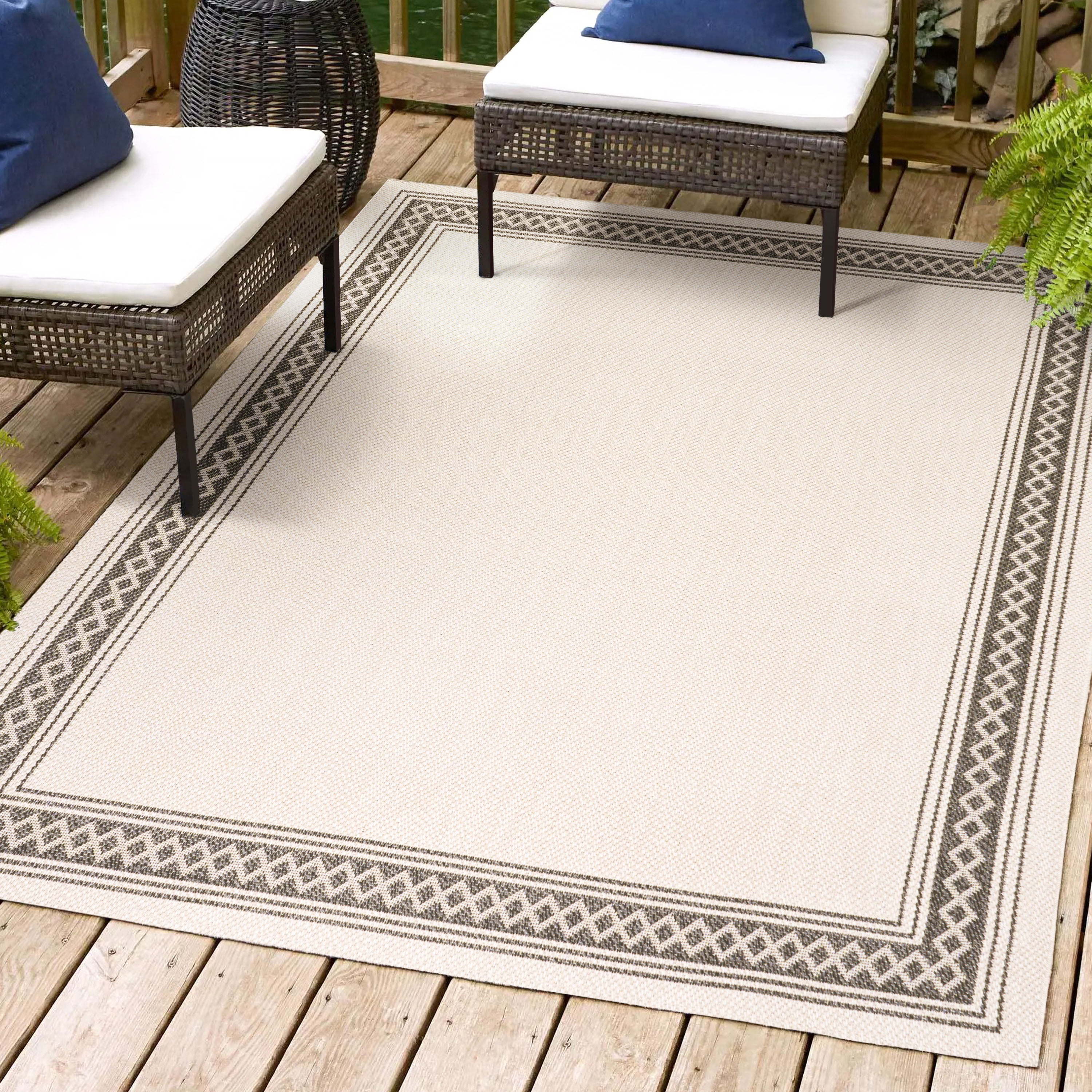 Lucia Modern Diamond Border Cream/Black 8' x 10' Indoor/Outdoor Rug