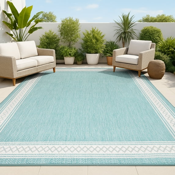 JONATHAN Y SANTA MONICA 8 x 10 Area Rug, Lucia Diamond Border - Aqua/Light Gray, SMB207D-8