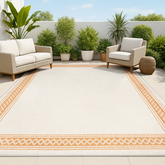 JONATHAN Y SANTA MONICA 8 x 10 Area Rug, Lucia Diamond Border - Cream/Orange, SMB207F-8