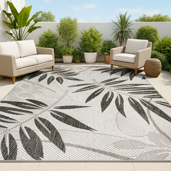 JONATHAN Y SANTA MONICA 8 x 10 Area Rug, Havana Tropical Palm Leaf - Gray/Black, SMB208B-8
