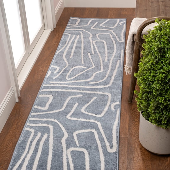 JONATHAN Y SANDSTONE 2 x 8 Runner Rug, Alcina Scandinavian Graphic Lines - Blue/White, SND102D-28