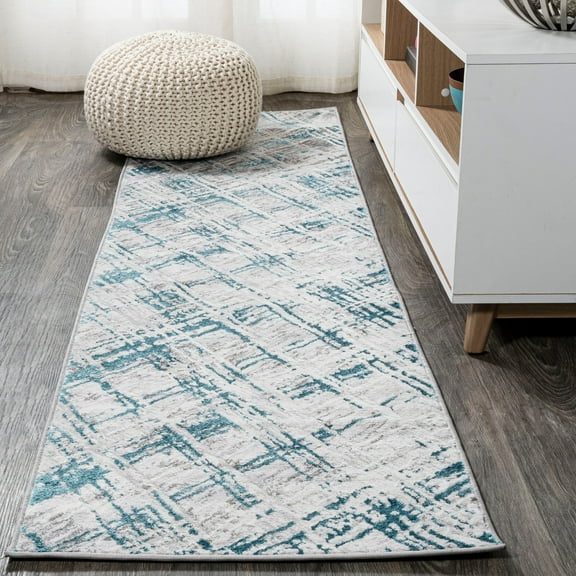 JONATHAN Y SILK ORCHID 2 x 10 Runner Rug, Slant Abstract - Gray/Turquoise, SOR201A-210