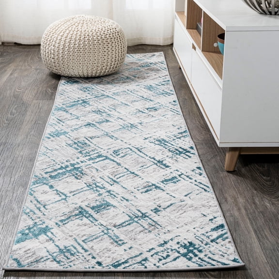 JONATHAN Y SILK ORCHID 2 x 10 Runner Rug, Slant Abstract - Gray/Turquoise, SOR201A-210