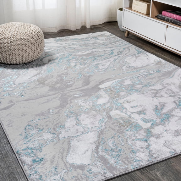 JONATHAN Y SILK ORCHID 3 x 5 Area Rug, Swirl Marbled Abstract - Gray/Turquoise, SOR203A-3