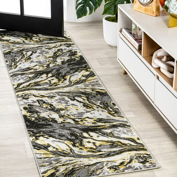 JONATHAN Y SILK ORCHID 2 x 10 Runner Rug, Swirl Marbled Abstract - Black/Yellow, SOR203D-210