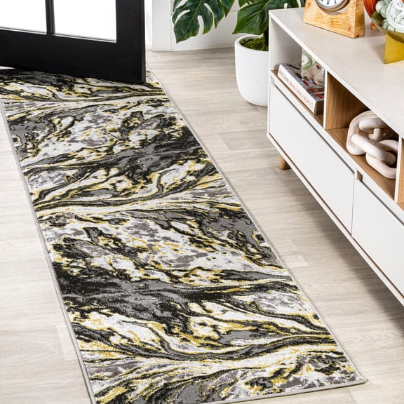JONATHAN Y SILK ORCHID 2 x 8 Runner Rug, Swirl Marbled Abstract - Black/Yellow, SOR203D-28