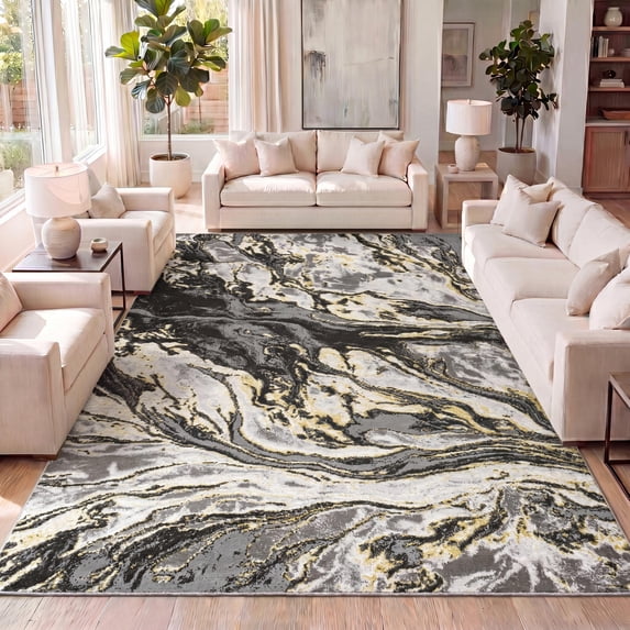 JONATHAN Y SILK ORCHID 4 x 6 Area Rug, Swirl Marbled Abstract - Black/Yellow, SOR203D-4