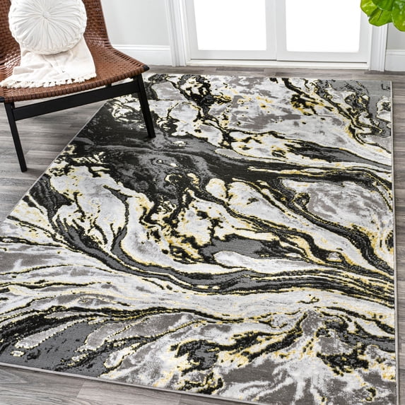 JONATHAN Y SILK ORCHID 4 x 6 Area Rug, Swirl Marbled Abstract - Black/Yellow, SOR203D-4