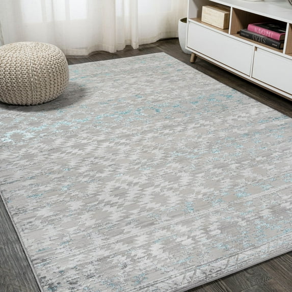 JONATHAN Y SILK ORCHID 3 x 5 Area Rug, Ancient Faded Trellis - Gray/Turquoise, SOR206A-3