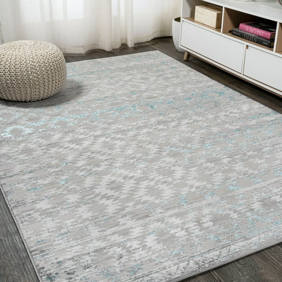 JONATHAN Y SILK ORCHID 4 x 6 Area Rug, Ancient Faded Trellis - Gray/Turquoise, SOR206A-4