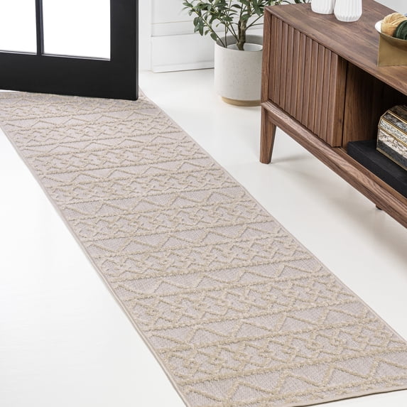 JONATHAN Y SOUTH BEACH 2 x 10 Runner Rug, Aylan Pile Knotted Trellis Geometric - Beige, SBH104B-210