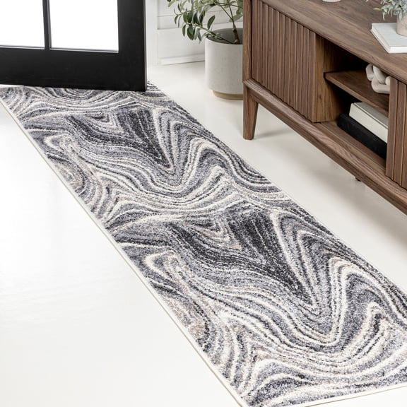 JONATHAN Y SUPERSOFT 2 x 8 Runner Rug, Eleni Glam Abstract Marble - Charcoal/Cream, SEU301A-28