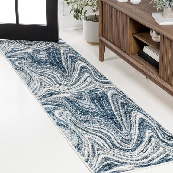 JONATHAN Y SUPERSOFT 2 x 8 Runner Rug, Eleni Glam Abstract Marble - Turquoise/Cream, SEU301C-28