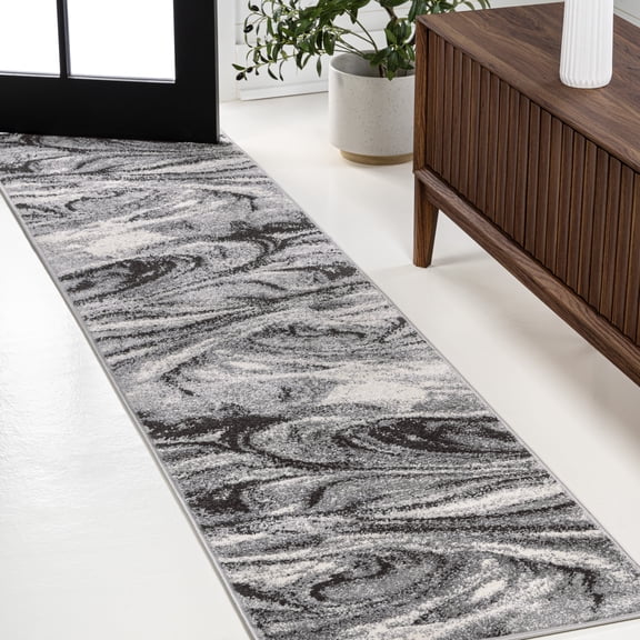 Open Box JONATHAN Y SUPERSOFT 2 x 8 Runner Rug, Viscon Abstract Marble - Light Gray/Black, SEU207A-28