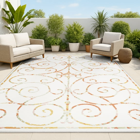 JONATHAN Y SAVANNAH 5 x 8 Area Rug, Danae Filigree Scroll Machine-Washable Reversible - Cream/Terra, SVH100A-5