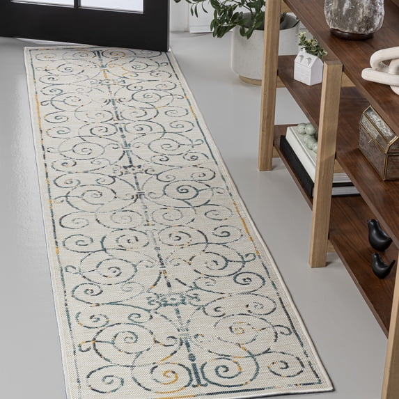 JONATHAN Y SAVANNAH 2 x 8 Runner Rug, Danae Filigree Scroll Machine-Washable Reversible - Cream/Navy, SVH100B-28