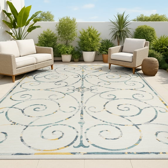 JONATHAN Y SAVANNAH 5 x 8 Area Rug, Danae Filigree Scroll Machine-Washable Reversible - Cream/Navy, SVH100B-5