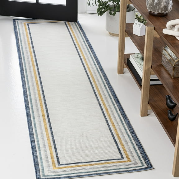 JONATHAN Y SAVANNAH 2 x 8 Runner Rug, Pollux Coastal Stripe Machine-Washable Reversible - Cream/Navy, SVH105A-28