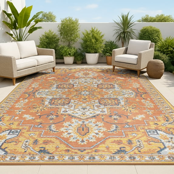 JONATHAN Y SAVANNAH 5 x 8 Area Rug, Bijan Vintage Medallion Machine-Washable Reversible - Terra/Blue/Cream, SVH107A-5