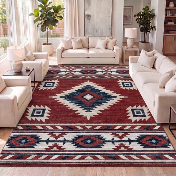 JONATHAN Y SOUTH WESTERN 8 x 10 Area Rug, Serape Medallion Southwestern - Red/Navy/Cream, SWC100A-8