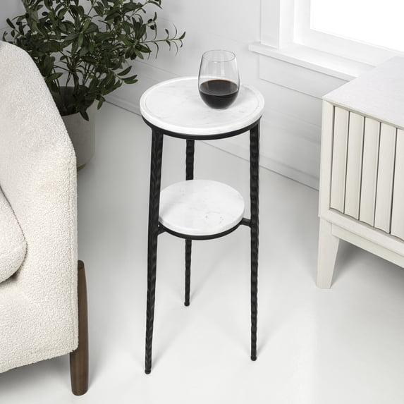 JONATHAN Y Seraphina 24.75" Industrial 2-Tier Metal Frame Drink Table and Decorative End Table with White Marble Round Top, Black/White, END3004A