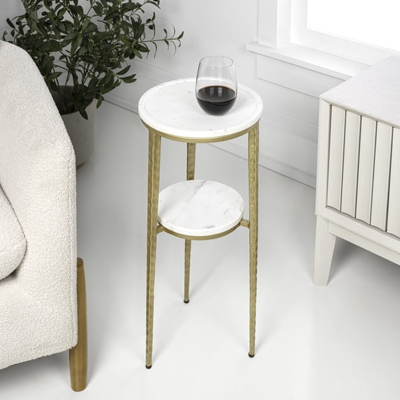JONATHAN Y Seraphina 24.75" Industrial 2-Tier Metal Frame Drink Table and Decorative End Table with White Marble Round Top, Gold/White, END3004B