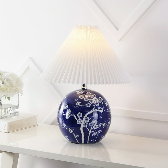 JONATHAN Y Shishen 19.5" Cottage Classic Chinoiserie Ceramic Orb LED Table Lamp with Pleated Shade, Navy/White, JYL5056C