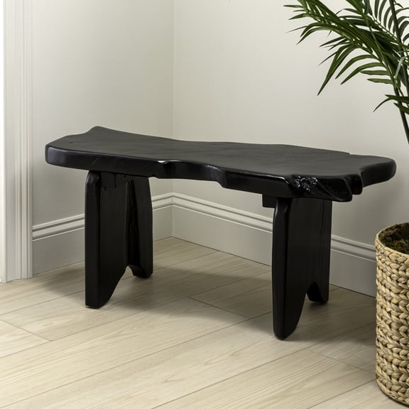 JONATHAN Y Stumpy 35.4" Handcrafted Rustic Minimalist Live Edge Solid Teak Wood Entryway Bench, Black, BNH300B