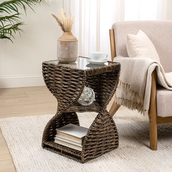 JONATHAN Y Suraya 14" Coastal Bohemian Handwoven Water Hyacinth Sculptural Twisted End Table with Glass Top and Storage Shelf, Brown, TBL2506B