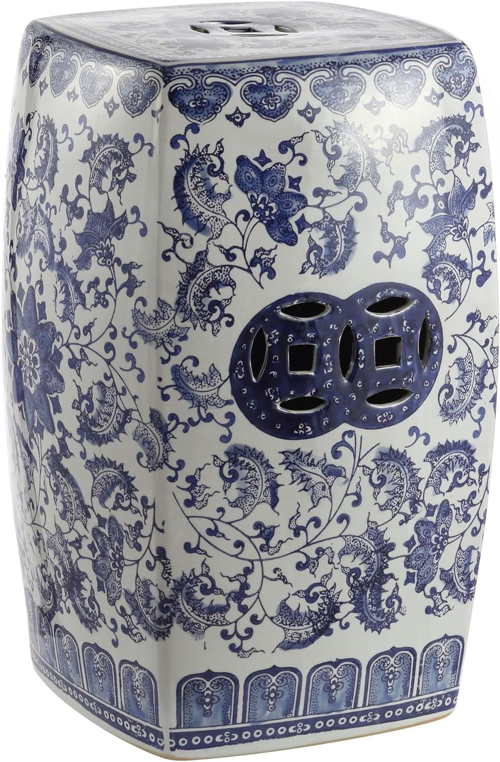 Chic Blue and White Chinoiserie Ceramic Square Garden Stool