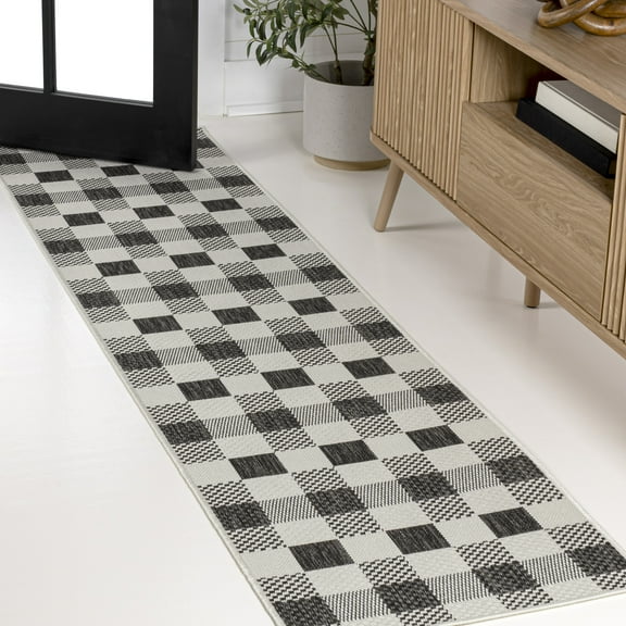 JONATHAN Y TUSCAN SUN 2 x 8 Runner Rug, Darcy Traditional Geometric Bold Gingham - Black/Cream, TSN201A-28