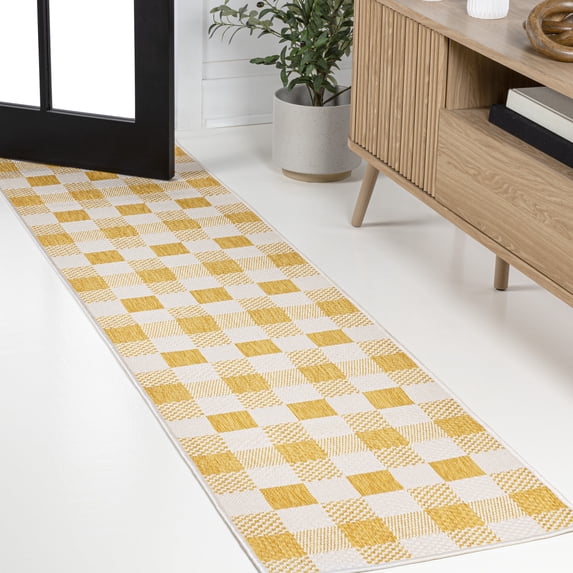 JONATHAN Y TUSCAN SUN 2 x 8 Runner Rug, Darcy Traditional Geometric Bold Gingham - Yellow/Cream, TSN201D-28