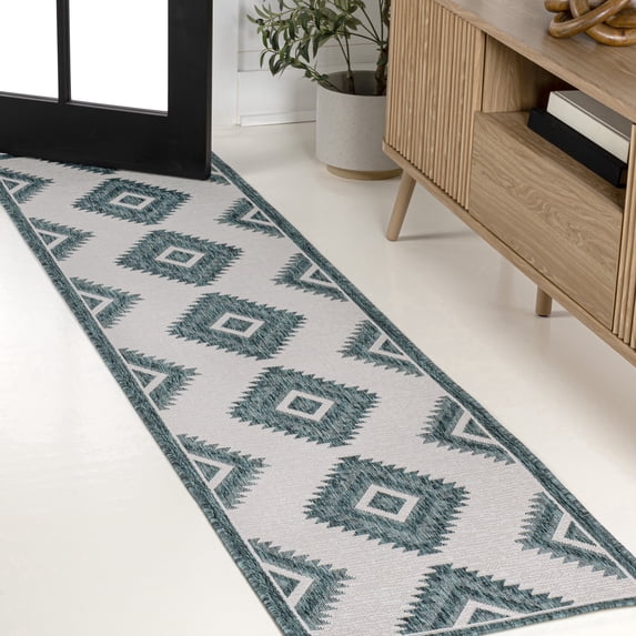 JONATHAN Y TUSCAN SUN 2 x 8 Runner Rug, Lior Geometric Moroccan Diamond - Turquoise/Cream, TSN202E-28