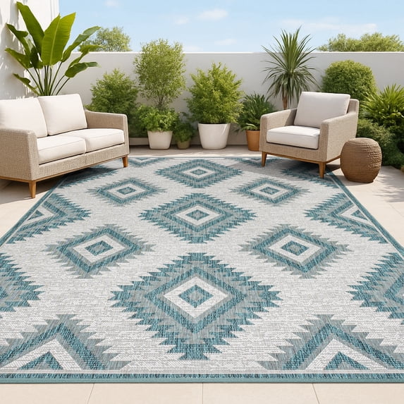 JONATHAN Y TUSCAN SUN 3 x 5 Area Rug, Lior Geometric Moroccan Diamond - Turquoise/Cream, TSN202E-3