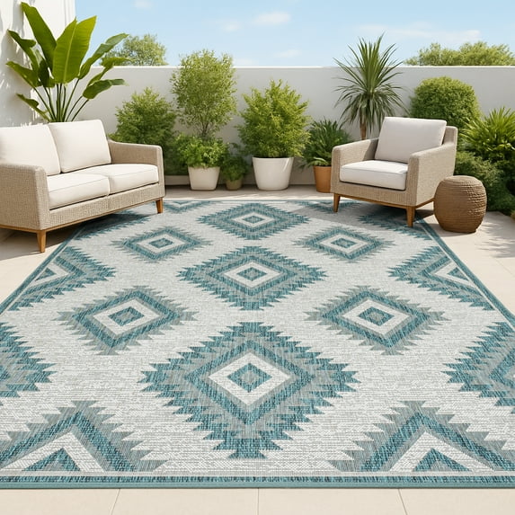 JONATHAN Y TUSCAN SUN 4 x 6 Area Rug, Lior Geometric Moroccan Diamond - Turquoise/Cream, TSN202E-4