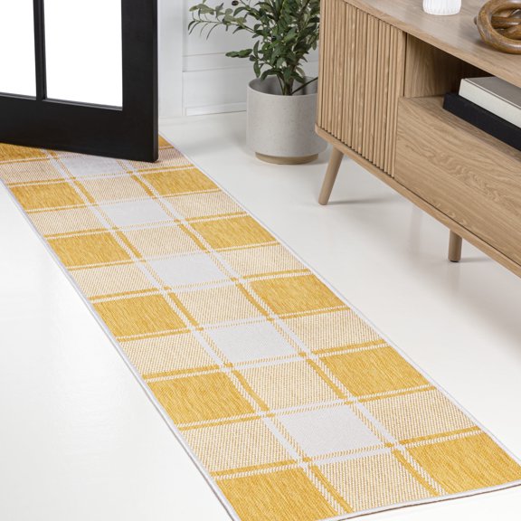 JONATHAN Y TUSCAN SUN 2 x 8 Runner Rug, Sabine Traditional Farmhouse Bold Gingham - Yellow/Cream, TSN203C-28