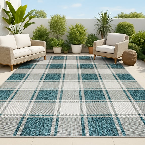 JONATHAN Y TUSCAN SUN 5 x 8 Area Rug, Sabine Traditional Farmhouse Bold Gingham - Turquoise/Cream, TSN203E-5