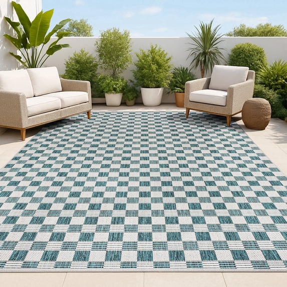 JONATHAN Y TUSCAN SUN 8 x 10 Area Rug, Aimee Traditional Cottage Checkerboard - Turquoise/Cream, TSN204E-8