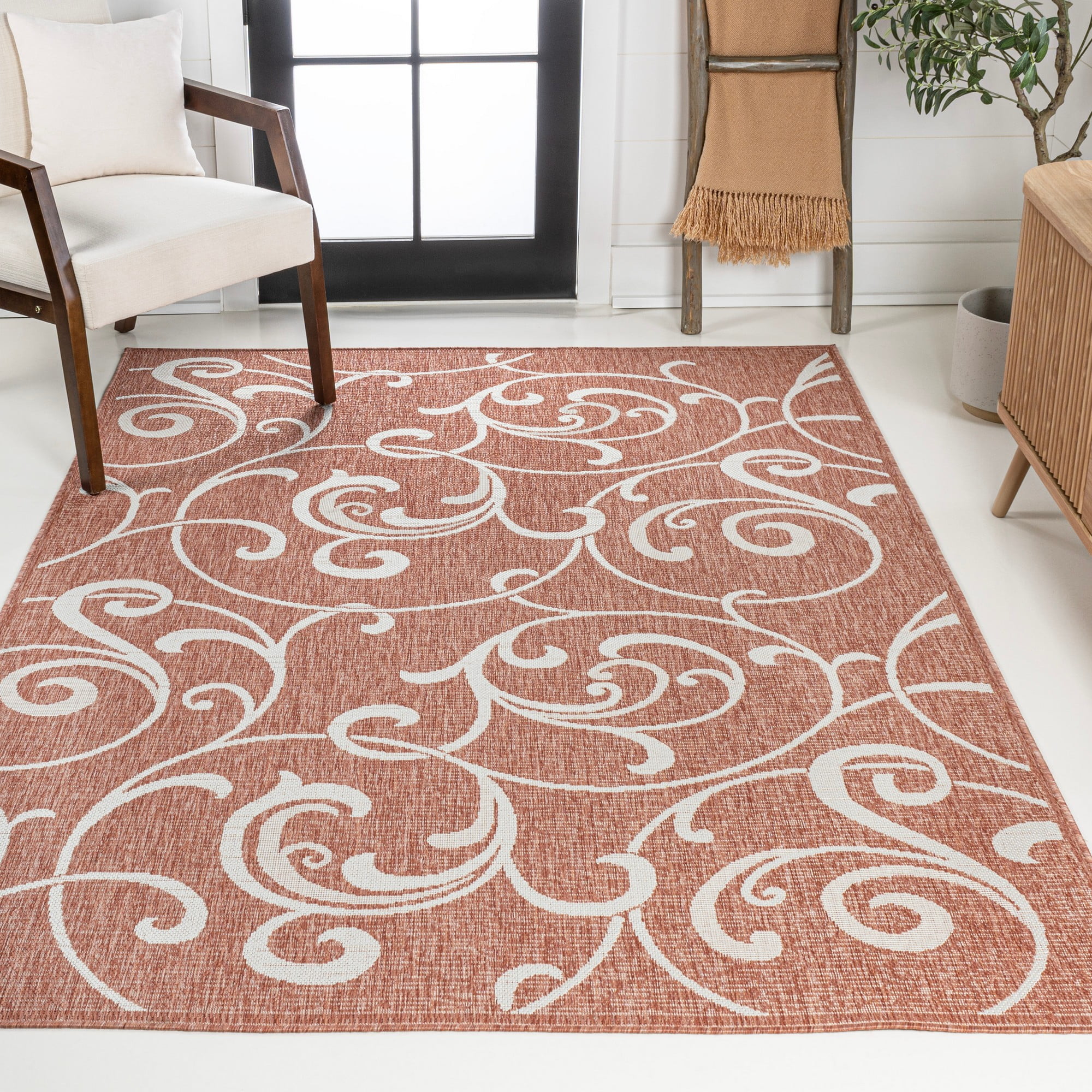Salmon and Cream Reversible Synthetic Scroll Area Rug 5x8