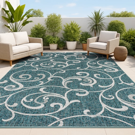 JONATHAN Y TUSCAN SUN 4 x 6 Area Rug, Maribel Traditional All-Over Scroll - Turquoise/Cream, TSN205E-4