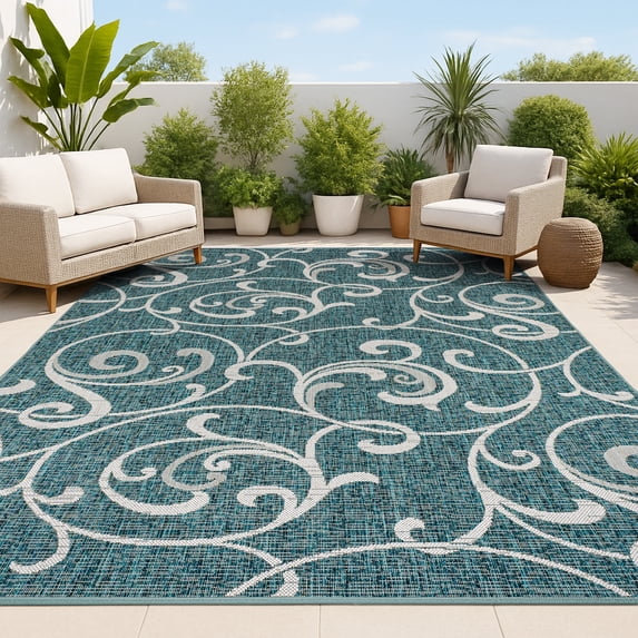 JONATHAN Y TUSCAN SUN 4 x 6 Area Rug, Maribel Traditional All-Over Scroll - Turquoise/Cream, TSN205E-4