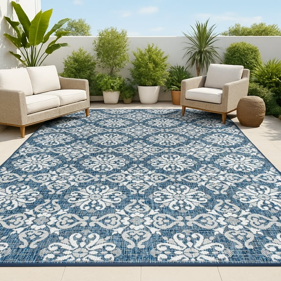 JONATHAN Y TUSCAN SUN 8 x 10 Area Rug, Amora Traditional Mediterranean Tile Design - Navy/Cream, TSN206A-8